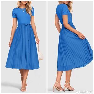 ZESICA Short Sleeve Midi Casual Crew Neck Knit Belted Pleated A Line Flowy Dress